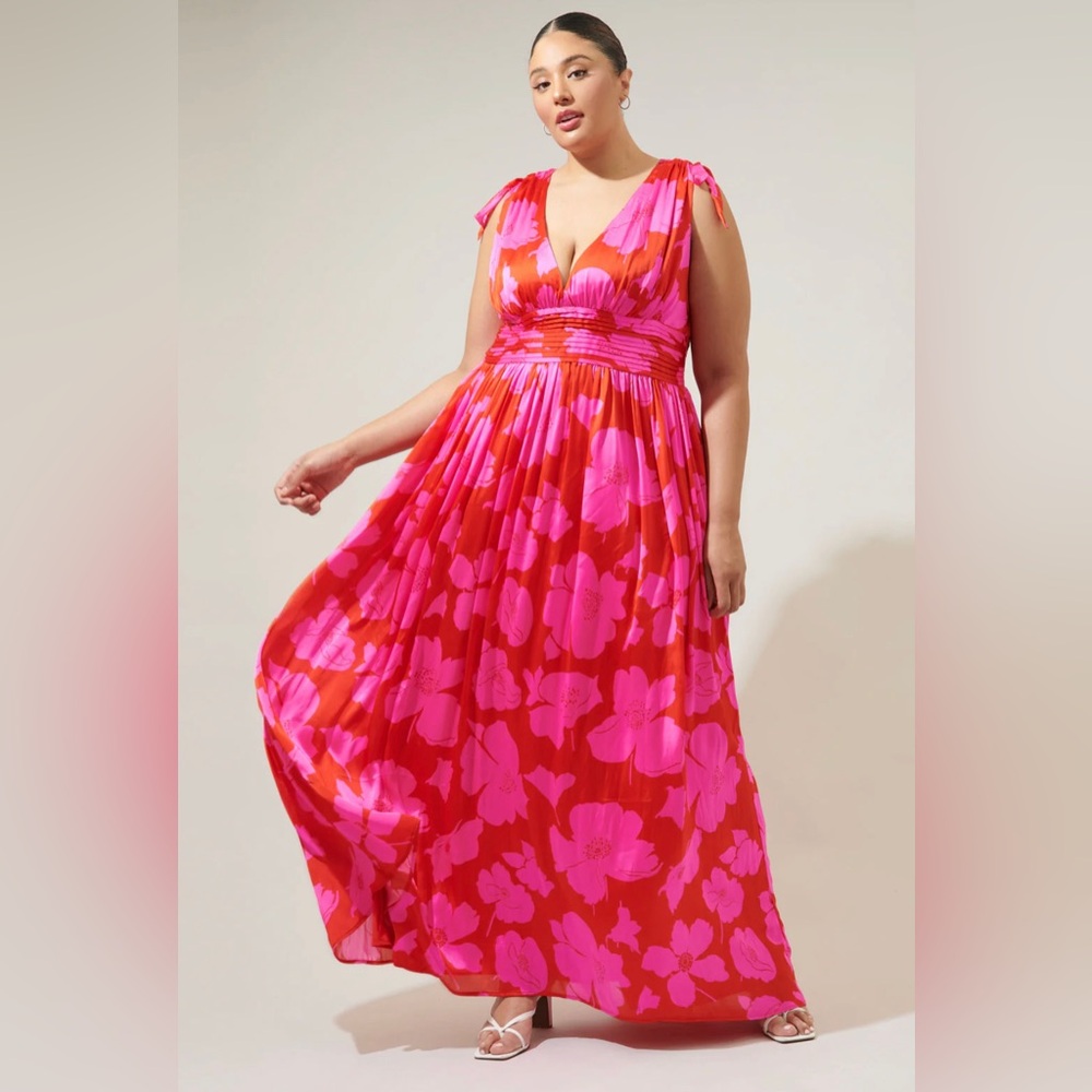 Vibrant Pink & Red Floral Maxi Dress - Sleeveless V-Neck